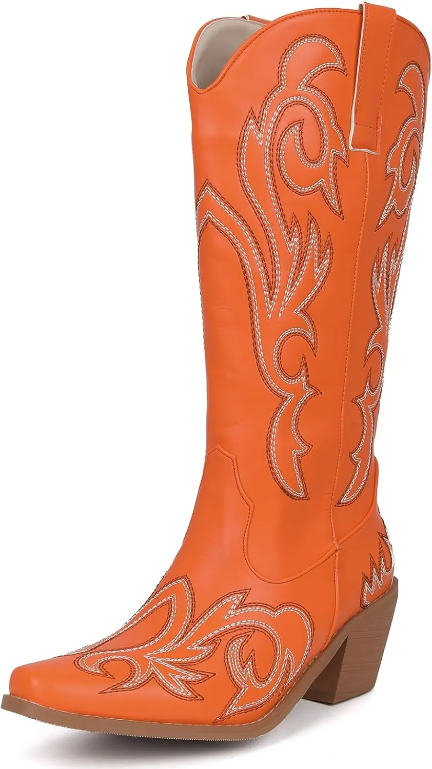 Women's Embroider Cowgirl Boots Snip Toe Slip On Bridal Floral Cowboy Boots Casual Knee High Western Boots
