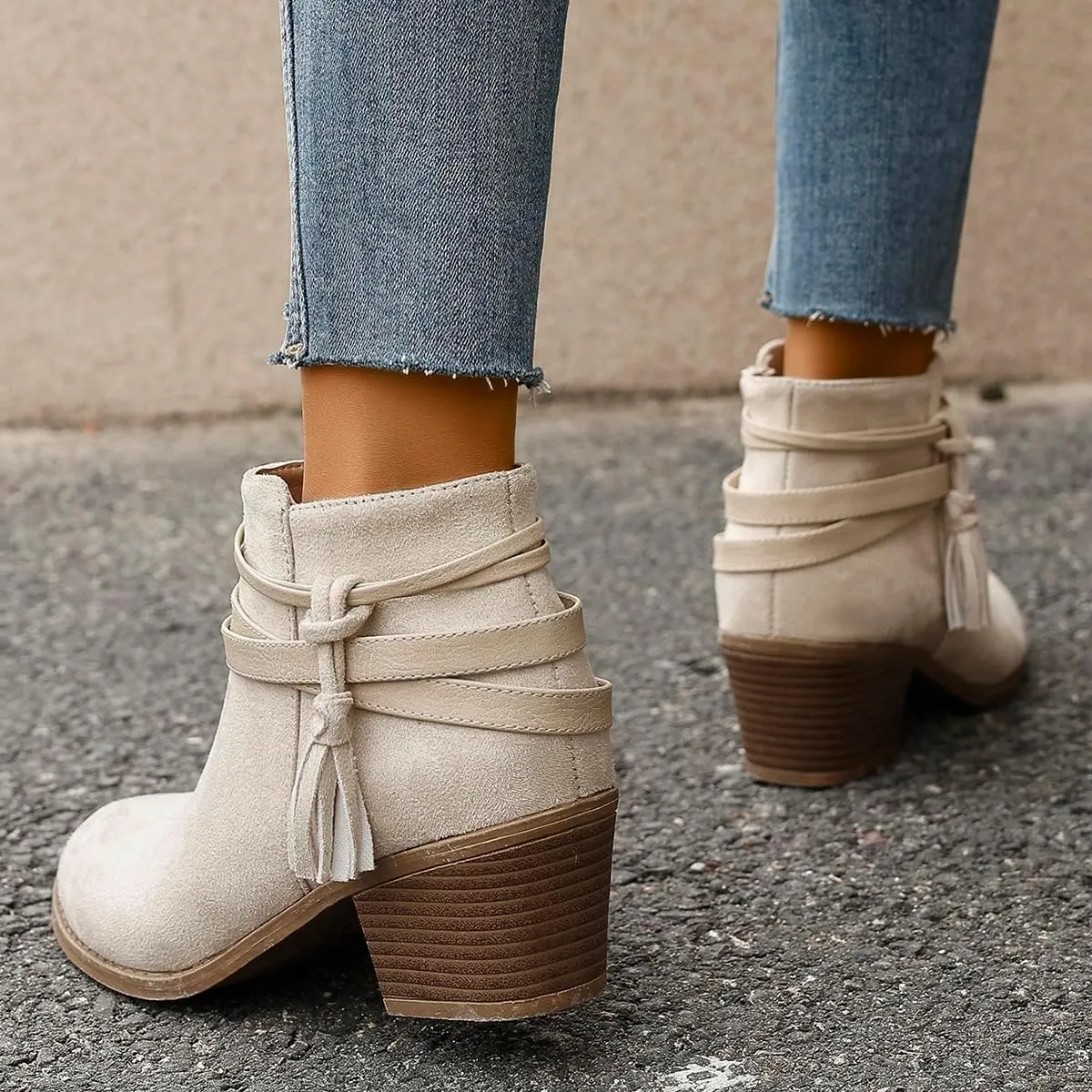 Women’s Fall Flat Ankle Boots - Low Heel Booties with Rhinestone Straps, Stylish Short Boots for Women, No Heel Ankle Boots for Fall 2024 in Brown