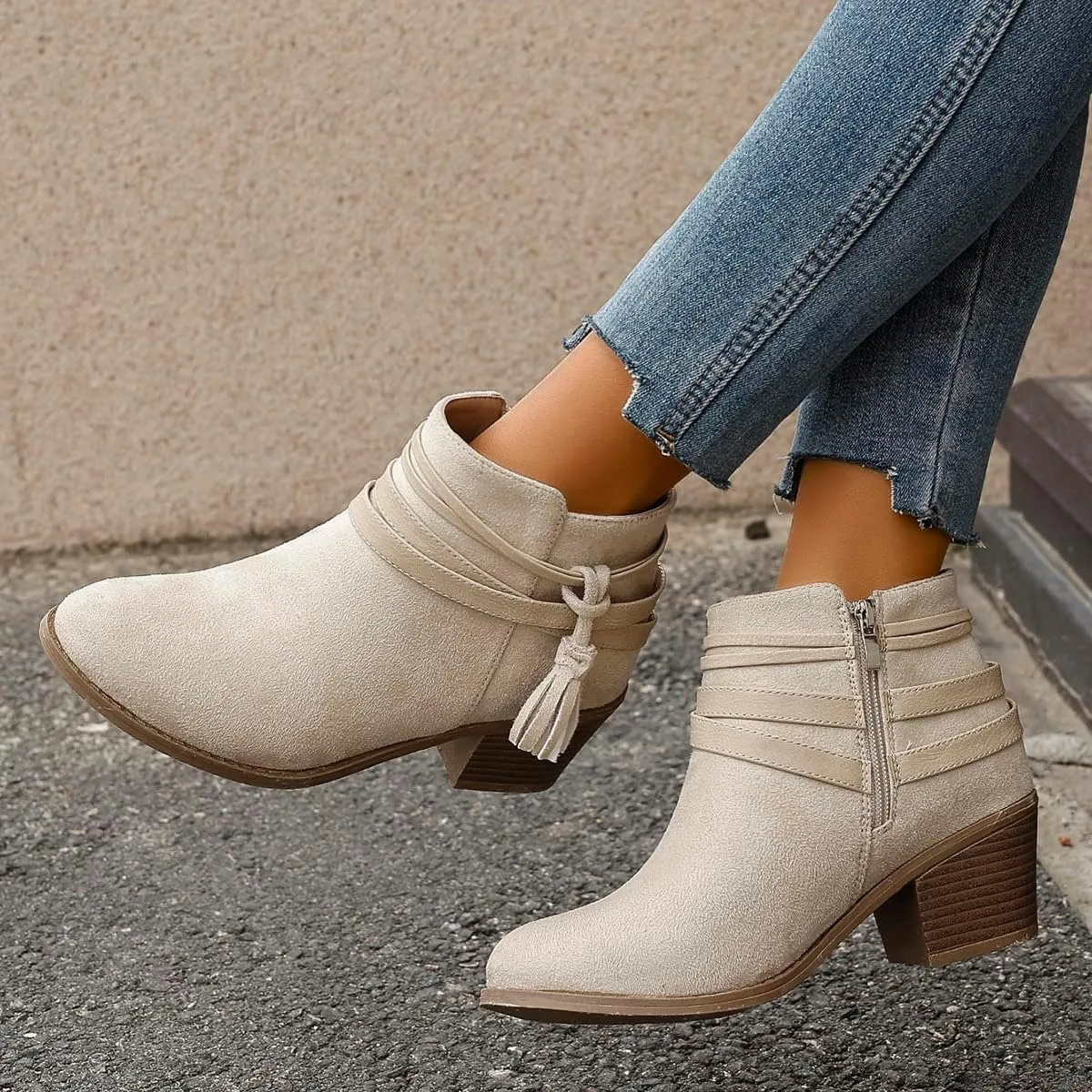 Women’s Fall Flat Ankle Boots - Low Heel Booties with Rhinestone Straps, Stylish Short Boots for Women, No Heel Ankle Boots for Fall 2024 in Brown