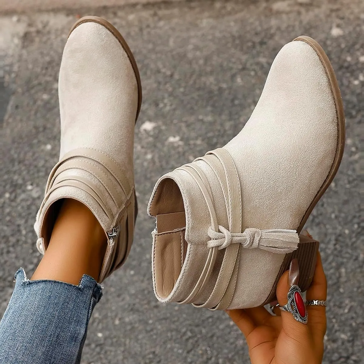 Women’s Fall Flat Ankle Boots - Low Heel Booties with Rhinestone Straps, Stylish Short Boots for Women, No Heel Ankle Boots for Fall 2024 in Brown
