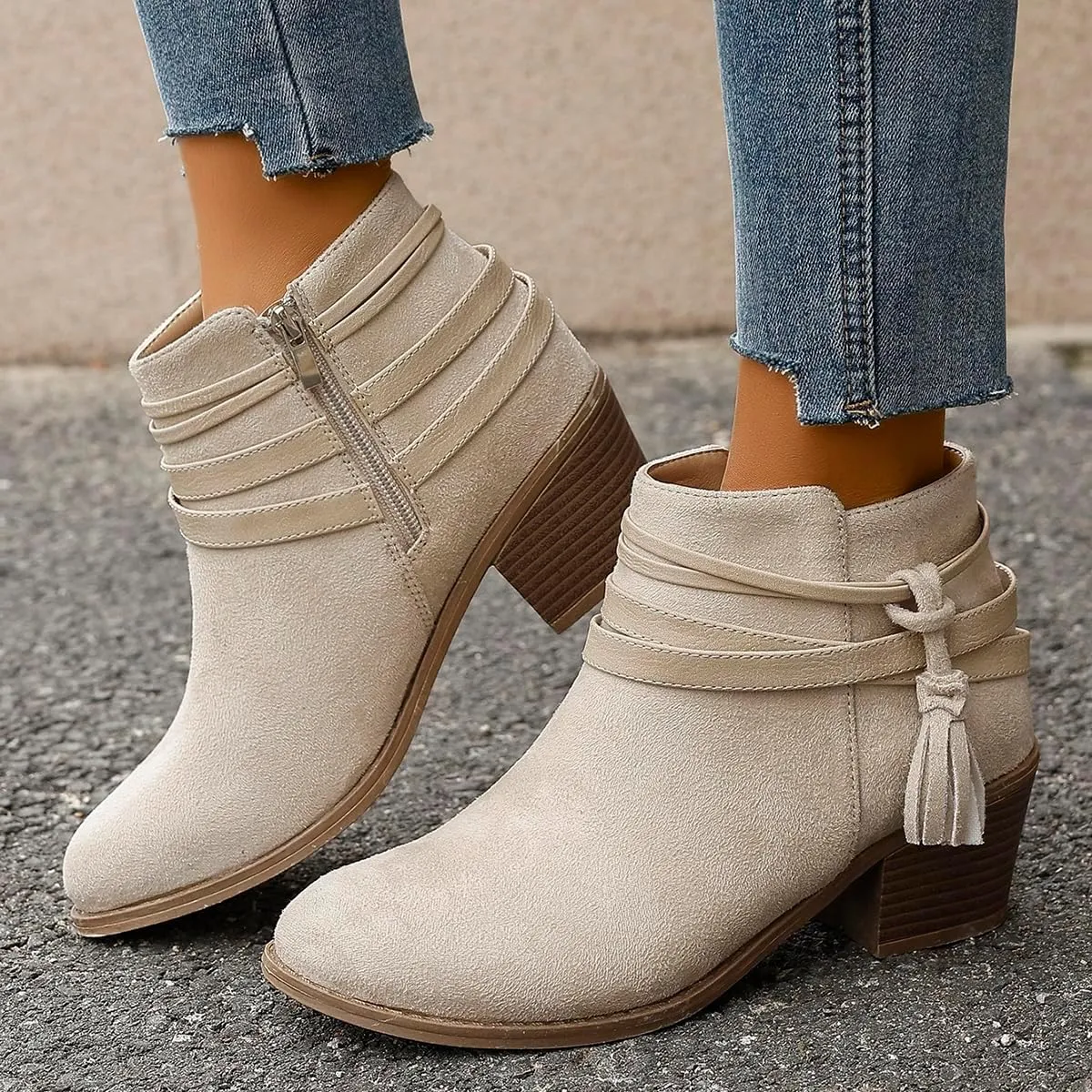 Women’s Fall Flat Ankle Boots - Low Heel Booties with Rhinestone Straps, Stylish Short Boots for Women, No Heel Ankle Boots for Fall 2024 in Brown