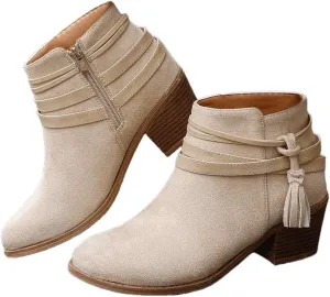 Women’s Fall Flat Ankle Boots - Low Heel Booties with Rhinestone Straps, Stylish Short Boots for Women, No Heel Ankle Boots for Fall 2024 in Brown