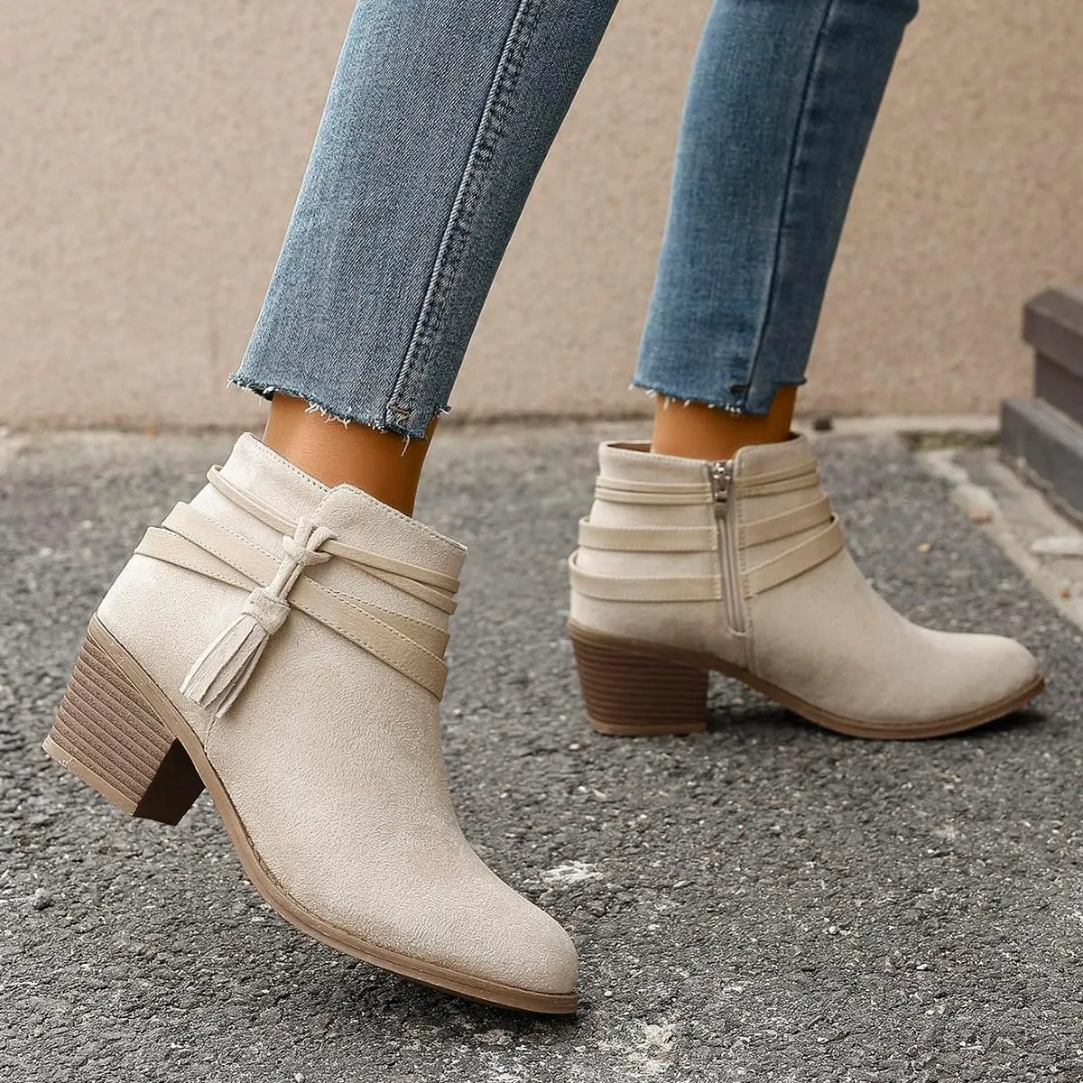 Women’s Fall Flat Ankle Boots - Low Heel Booties with Rhinestone Straps, Stylish Short Boots for Women, No Heel Ankle Boots for Fall 2024 in Brown