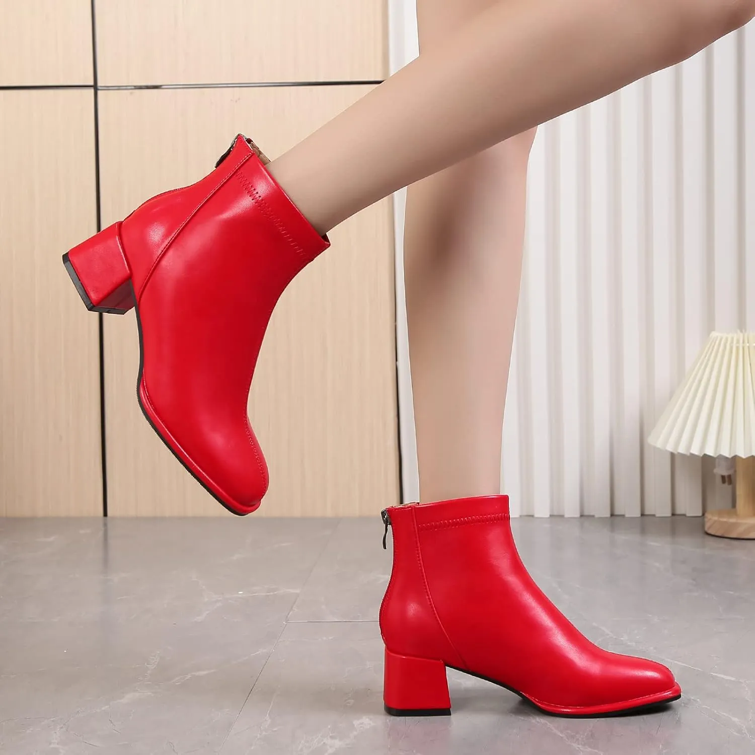 Women's Fashion Ankle Boots Chunky Low Block Heel Booties Back Zipper Fall Short Boots Shoes