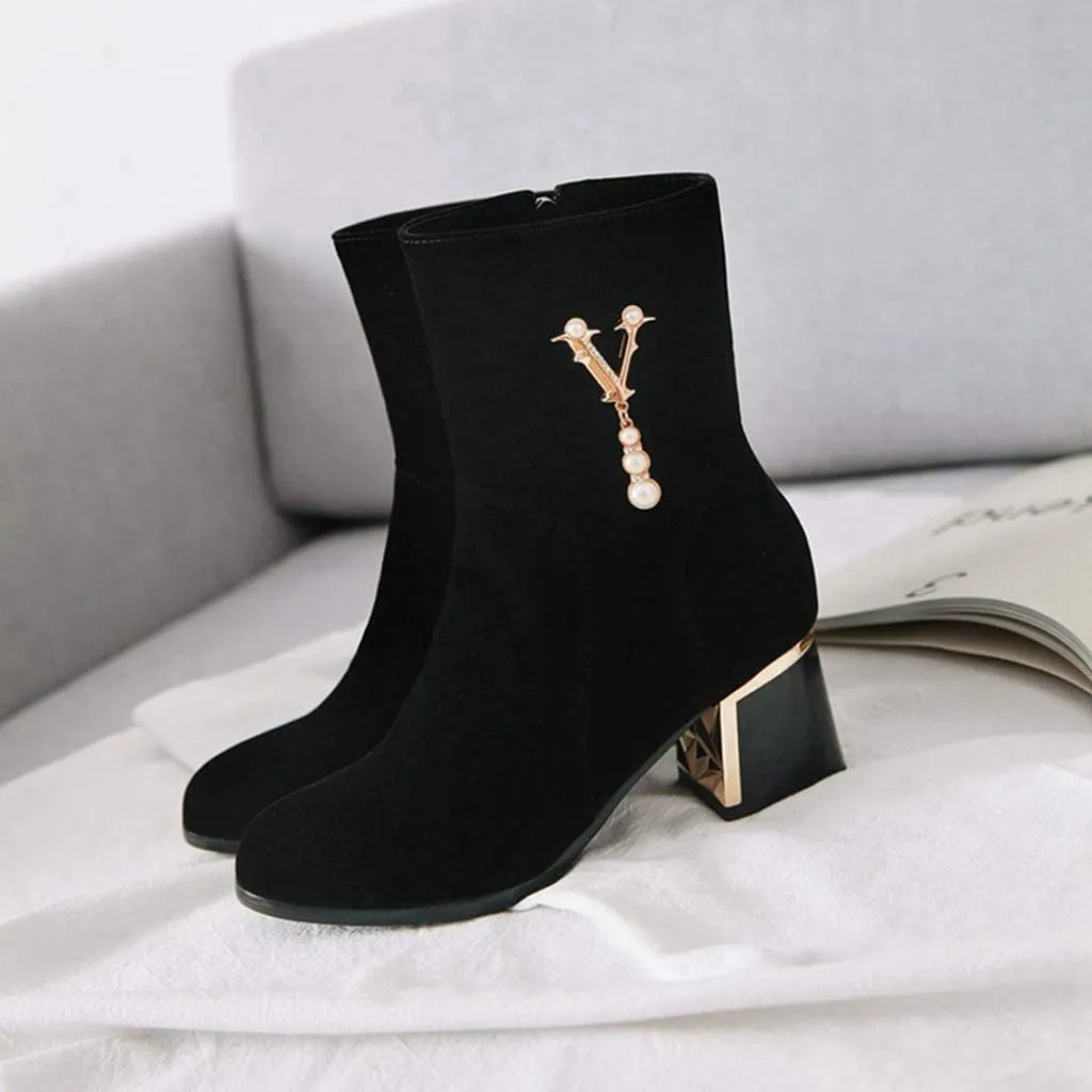 Women's Fashion Dress Ankle Boots Sparkle Pearls Round Toe Zip Chunky Mid Heel Wedding Short Booties