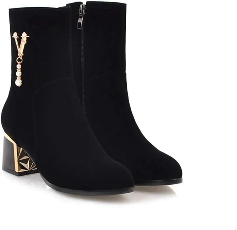 Women's Fashion Dress Ankle Boots Sparkle Pearls Round Toe Zip Chunky Mid Heel Wedding Short Booties