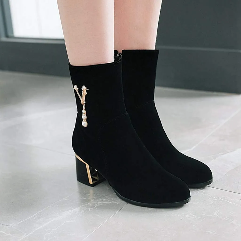 Women's Fashion Dress Ankle Boots Sparkle Pearls Round Toe Zip Chunky Mid Heel Wedding Short Booties