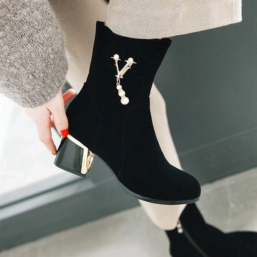 Women's Fashion Dress Ankle Boots Sparkle Pearls Round Toe Zip Chunky Mid Heel Wedding Short Booties