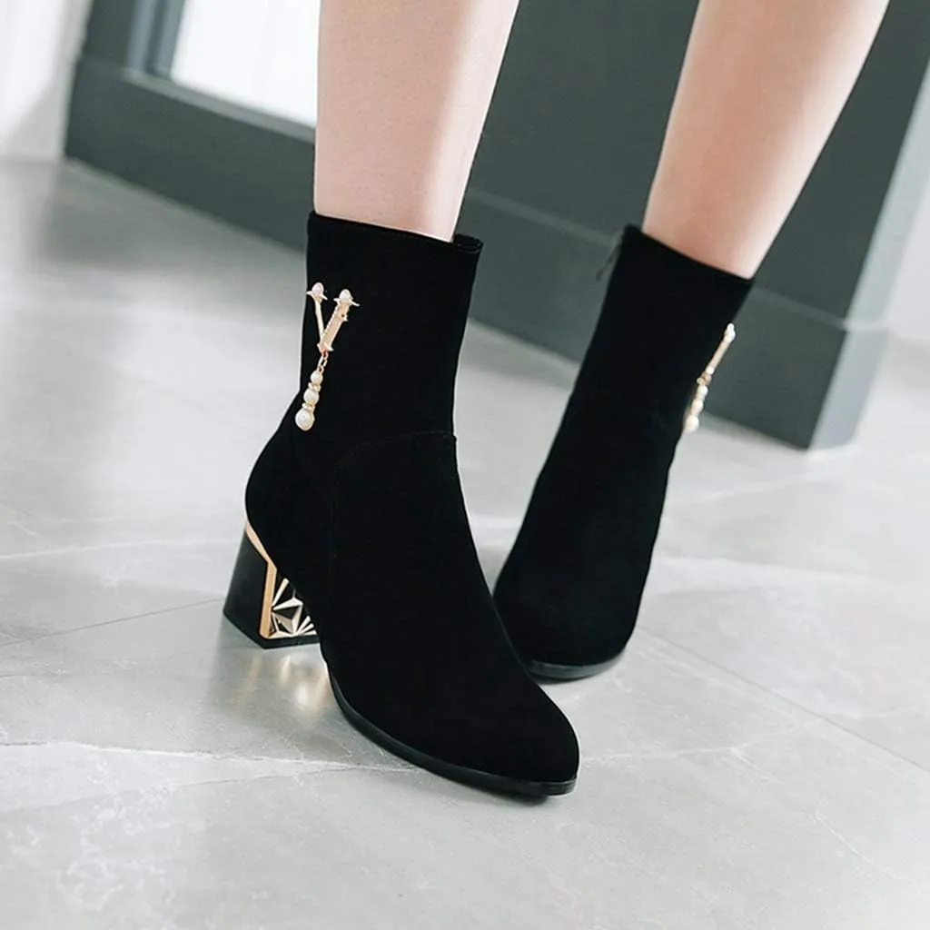Women's Fashion Dress Ankle Boots Sparkle Pearls Round Toe Zip Chunky Mid Heel Wedding Short Booties