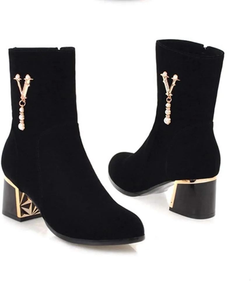 Women's Fashion Dress Ankle Boots Sparkle Pearls Round Toe Zip Chunky Mid Heel Wedding Short Booties