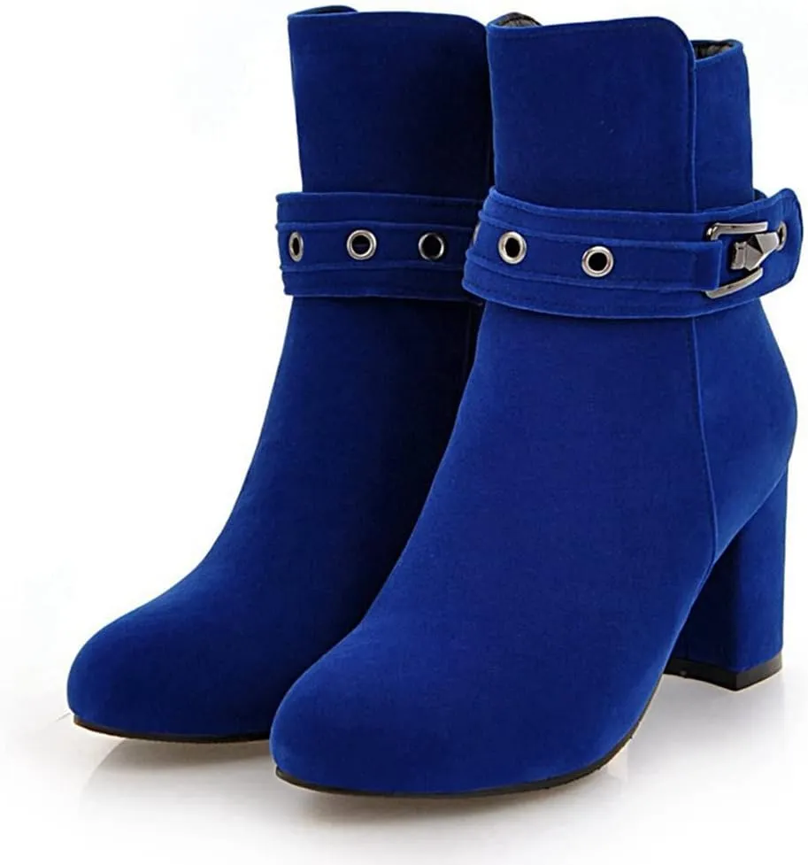 Women's Fashion Dressy Ankle Boots Round Toe Metallic Zipper Chunky High Heel Wedding Short Booties