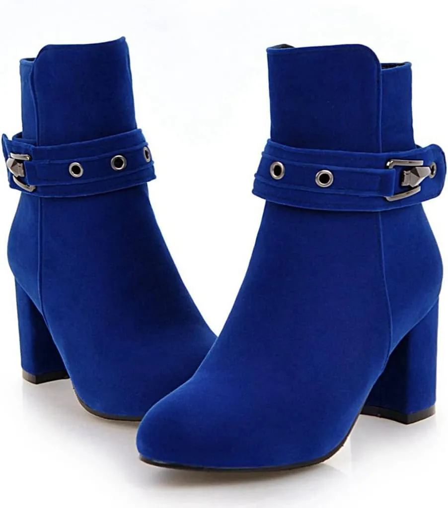 Women's Fashion Dressy Ankle Boots Round Toe Metallic Zipper Chunky High Heel Wedding Short Booties