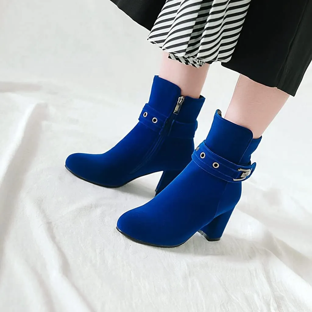 Women's Fashion Dressy Ankle Boots Round Toe Metallic Zipper Chunky High Heel Wedding Short Booties