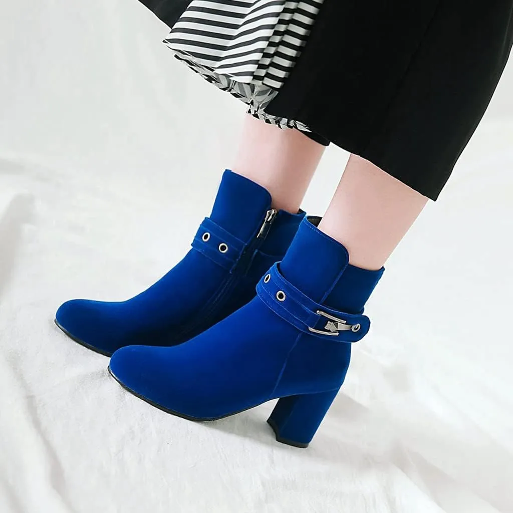 Women's Fashion Dressy Ankle Boots Round Toe Metallic Zipper Chunky High Heel Wedding Short Booties