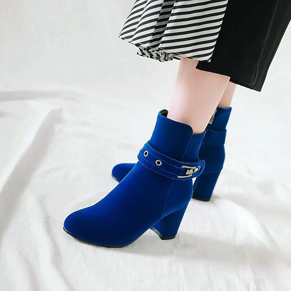 Women's Fashion Dressy Ankle Boots Round Toe Metallic Zipper Chunky High Heel Wedding Short Booties