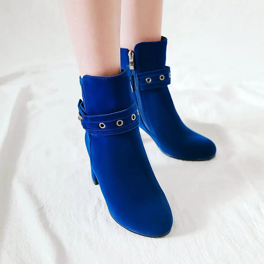 Women's Fashion Dressy Ankle Boots Round Toe Metallic Zipper Chunky High Heel Wedding Short Booties