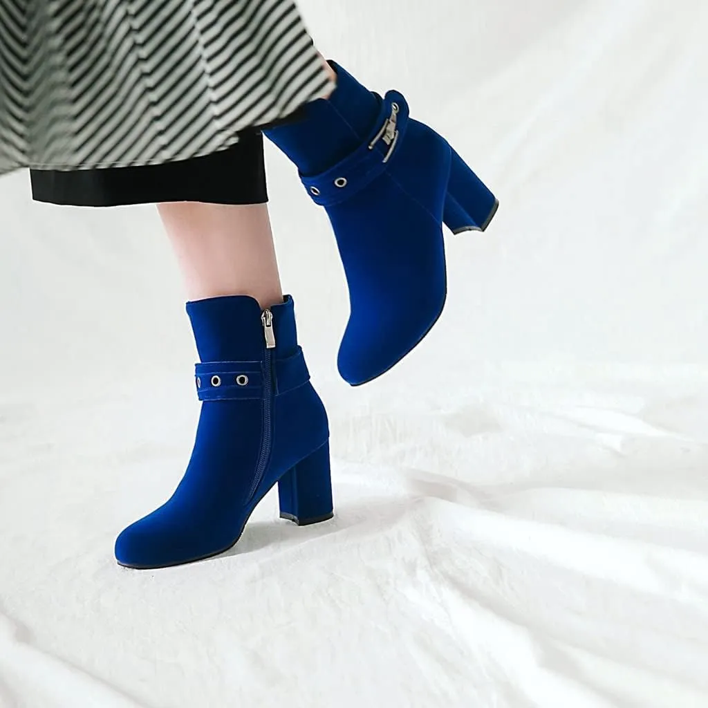 Women's Fashion Dressy Ankle Boots Round Toe Metallic Zipper Chunky High Heel Wedding Short Booties