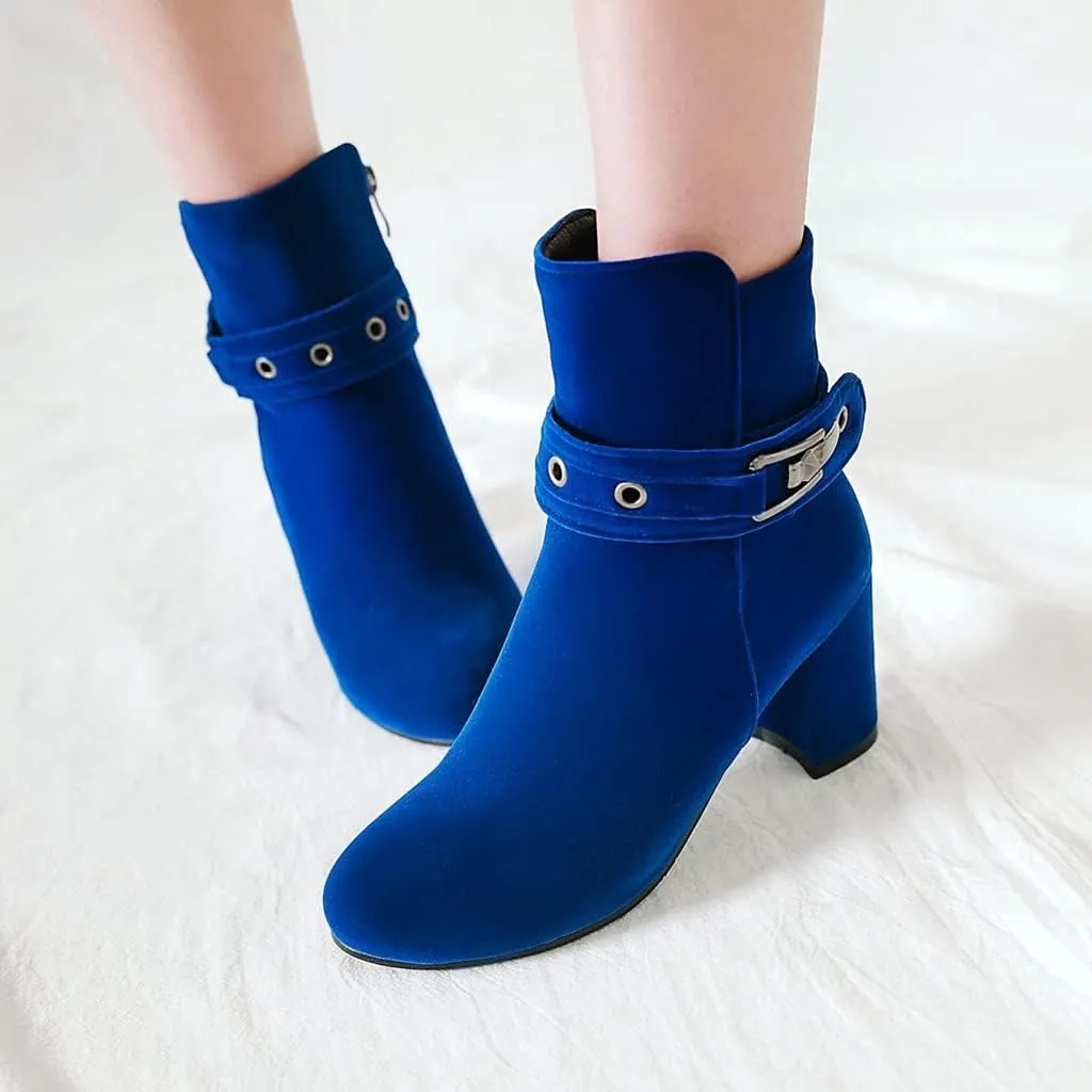 Women's Fashion Dressy Ankle Boots Round Toe Metallic Zipper Chunky High Heel Wedding Short Booties