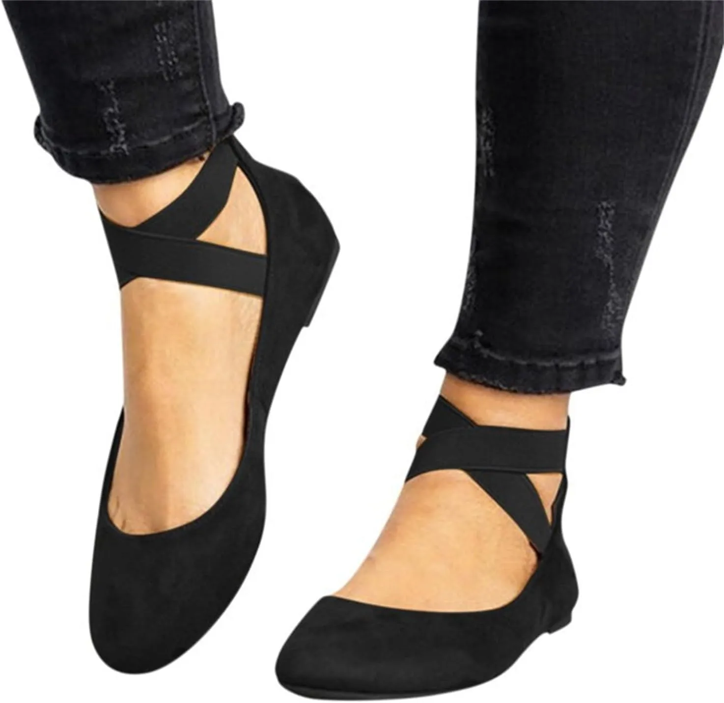 Women's Fashion Elastic Ankle Straps Flats Shoes,Dressy Crisscross Strap Ballerina Flats,Closed Point Toe Slip On Flat Shoes
