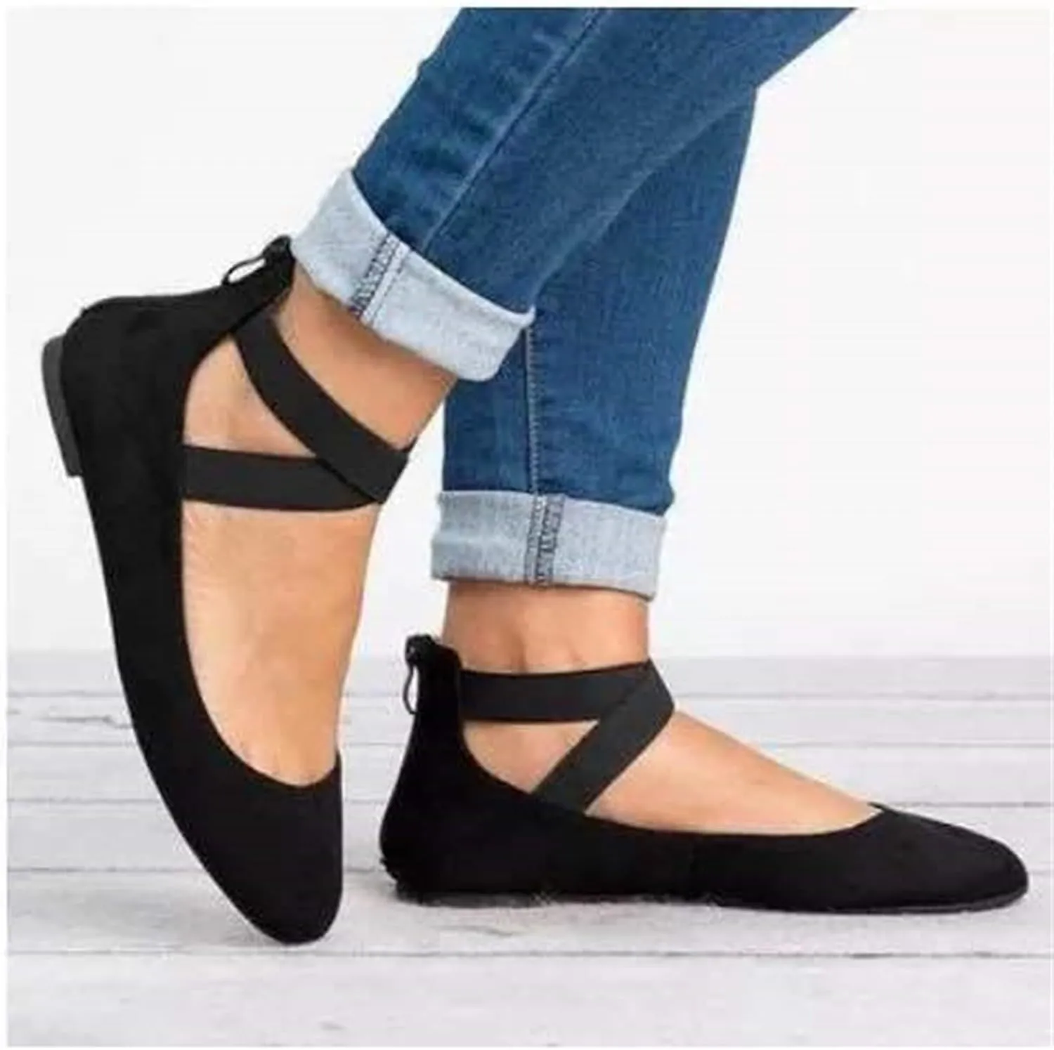 Women's Fashion Elastic Ankle Straps Flats Shoes,Dressy Crisscross Strap Ballerina Flats,Closed Point Toe Slip On Flat Shoes