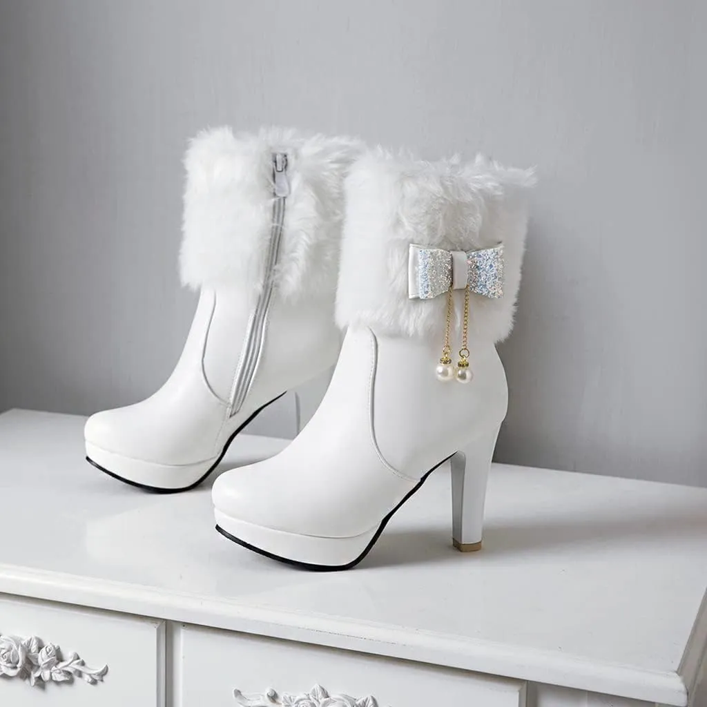 Women's Fashion Fur Platform High Heel Dressy Ankle Boots Round Toe Zipper Bow Elegant Short Booties