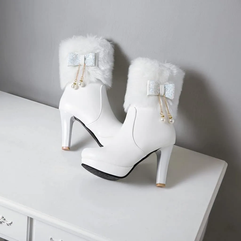 Women's Fashion Fur Platform High Heel Dressy Ankle Boots Round Toe Zipper Bow Elegant Short Booties