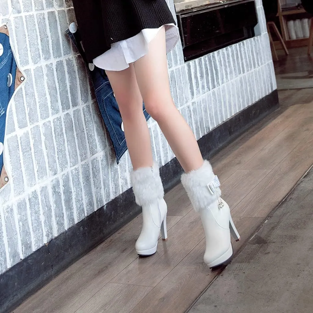 Women's Fashion Fur Platform High Heel Dressy Ankle Boots Round Toe Zipper Bow Elegant Short Booties