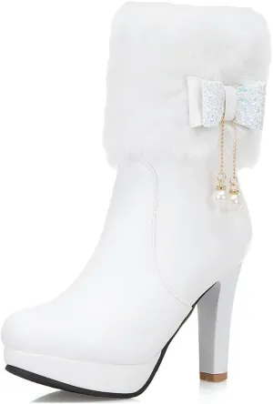 Women's Fashion Fur Platform High Heel Dressy Ankle Boots Round Toe Zipper Bow Elegant Short Booties
