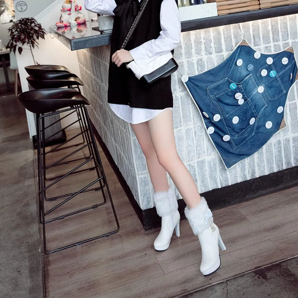 Women's Fashion Fur Platform High Heel Dressy Ankle Boots Round Toe Zipper Bow Elegant Short Booties