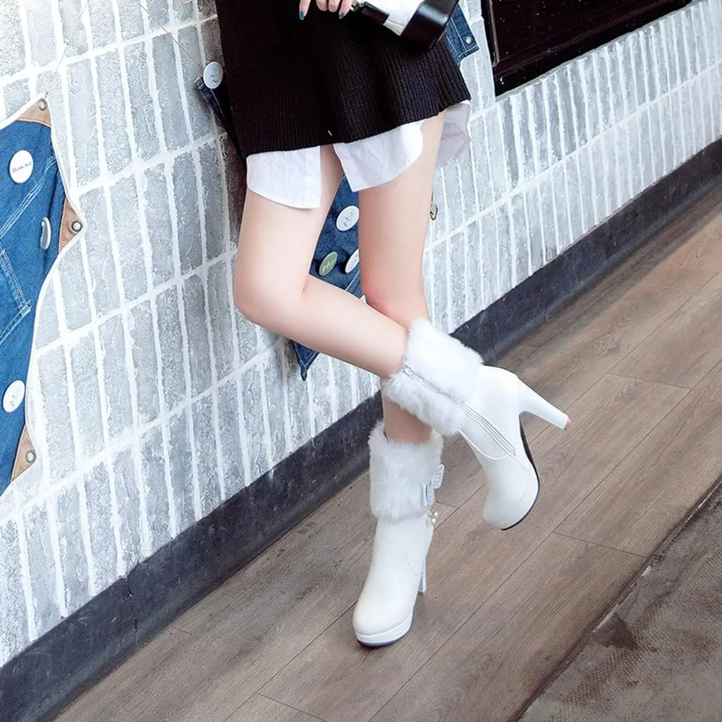 Women's Fashion Fur Platform High Heel Dressy Ankle Boots Round Toe Zipper Bow Elegant Short Booties
