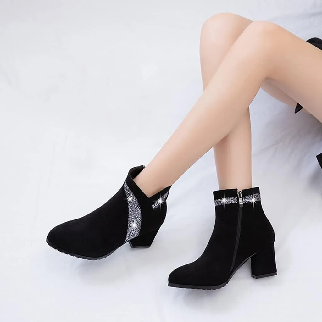Women's Fashion Glitter Dressy Ankle Boots Round Toe Side Zipper Chunky High Heel Dress Short Booties