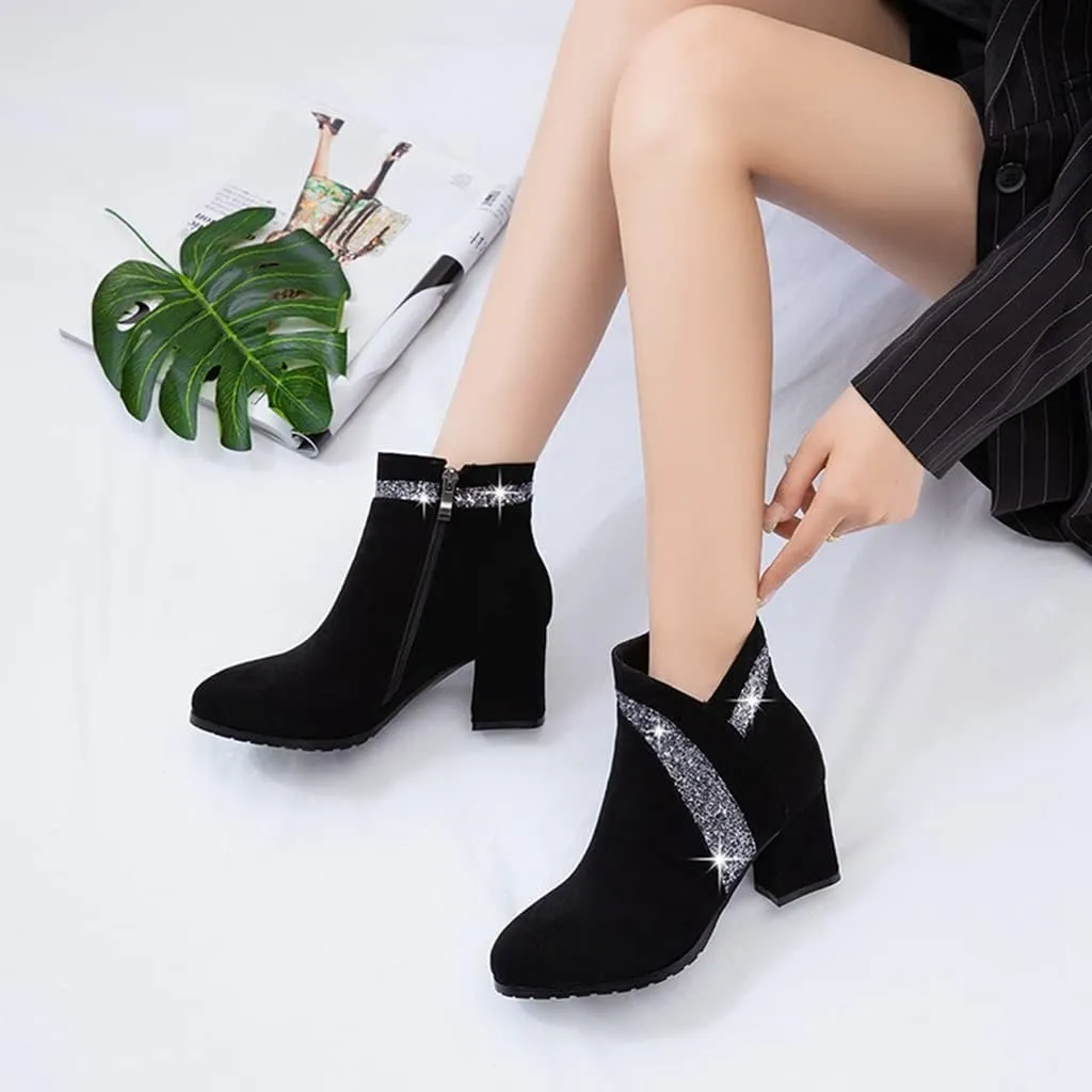 Women's Fashion Glitter Dressy Ankle Boots Round Toe Side Zipper Chunky High Heel Dress Short Booties