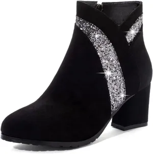 Women's Fashion Glitter Dressy Ankle Boots Round Toe Side Zipper Chunky High Heel Dress Short Booties
