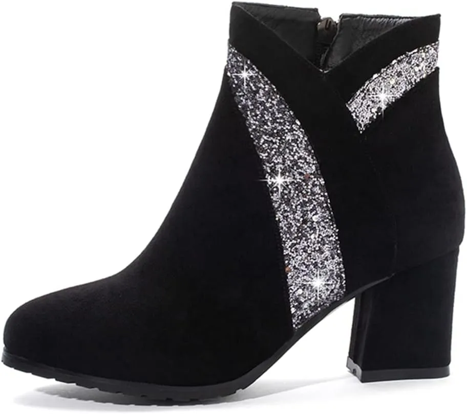 Women's Fashion Glitter Dressy Ankle Boots Round Toe Side Zipper Chunky High Heel Dress Short Booties