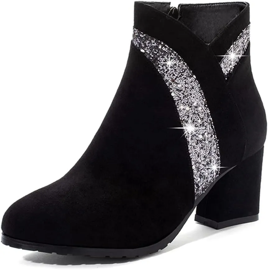 Women's Fashion Glitter Dressy Ankle Boots Round Toe Side Zipper Chunky High Heel Dress Short Booties