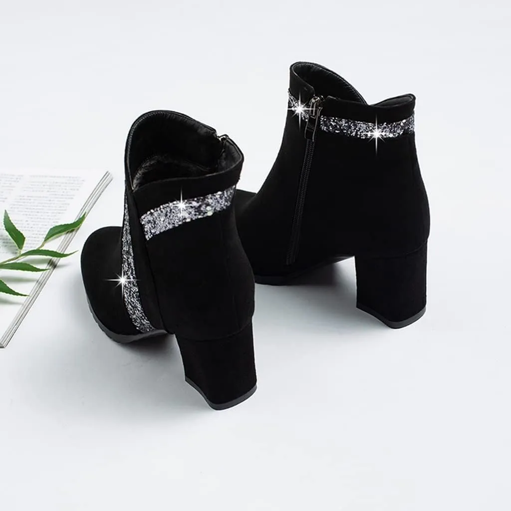 Women's Fashion Glitter Dressy Ankle Boots Round Toe Side Zipper Chunky High Heel Dress Short Booties