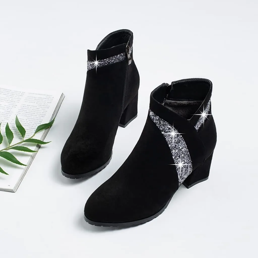 Women's Fashion Glitter Dressy Ankle Boots Round Toe Side Zipper Chunky High Heel Dress Short Booties