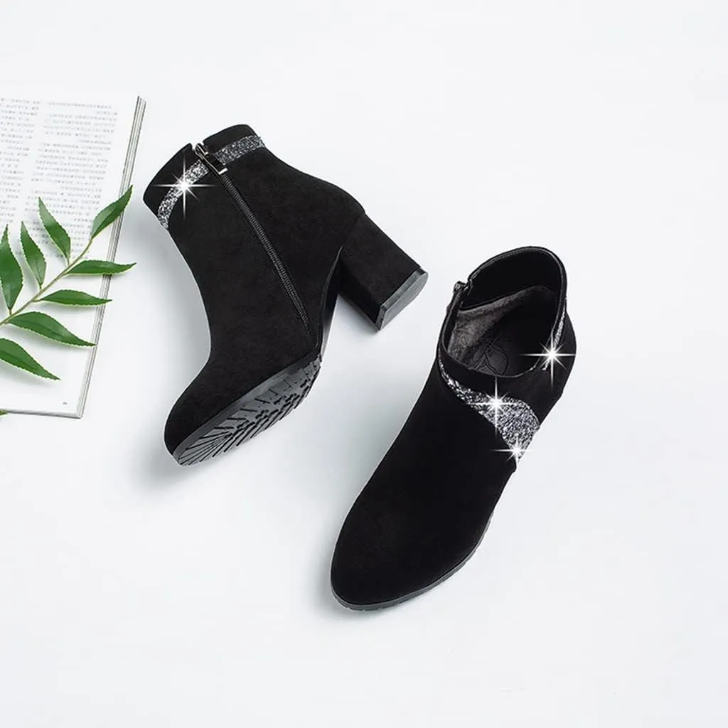 Women's Fashion Glitter Dressy Ankle Boots Round Toe Side Zipper Chunky High Heel Dress Short Booties
