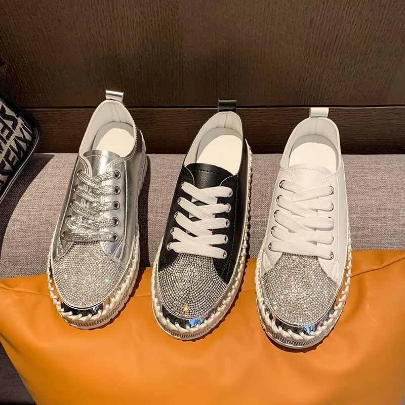 Women's Fashion Rhinestone Slip On Sneakers Casual Comfort Platform Walking Shoes Glitter Bling Lace Up Loafers