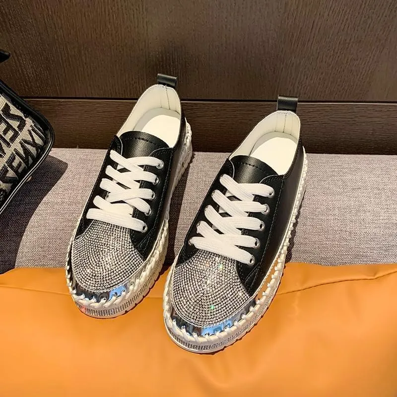 Women's Fashion Rhinestone Slip On Sneakers Casual Comfort Platform Walking Shoes Glitter Bling Lace Up Loafers