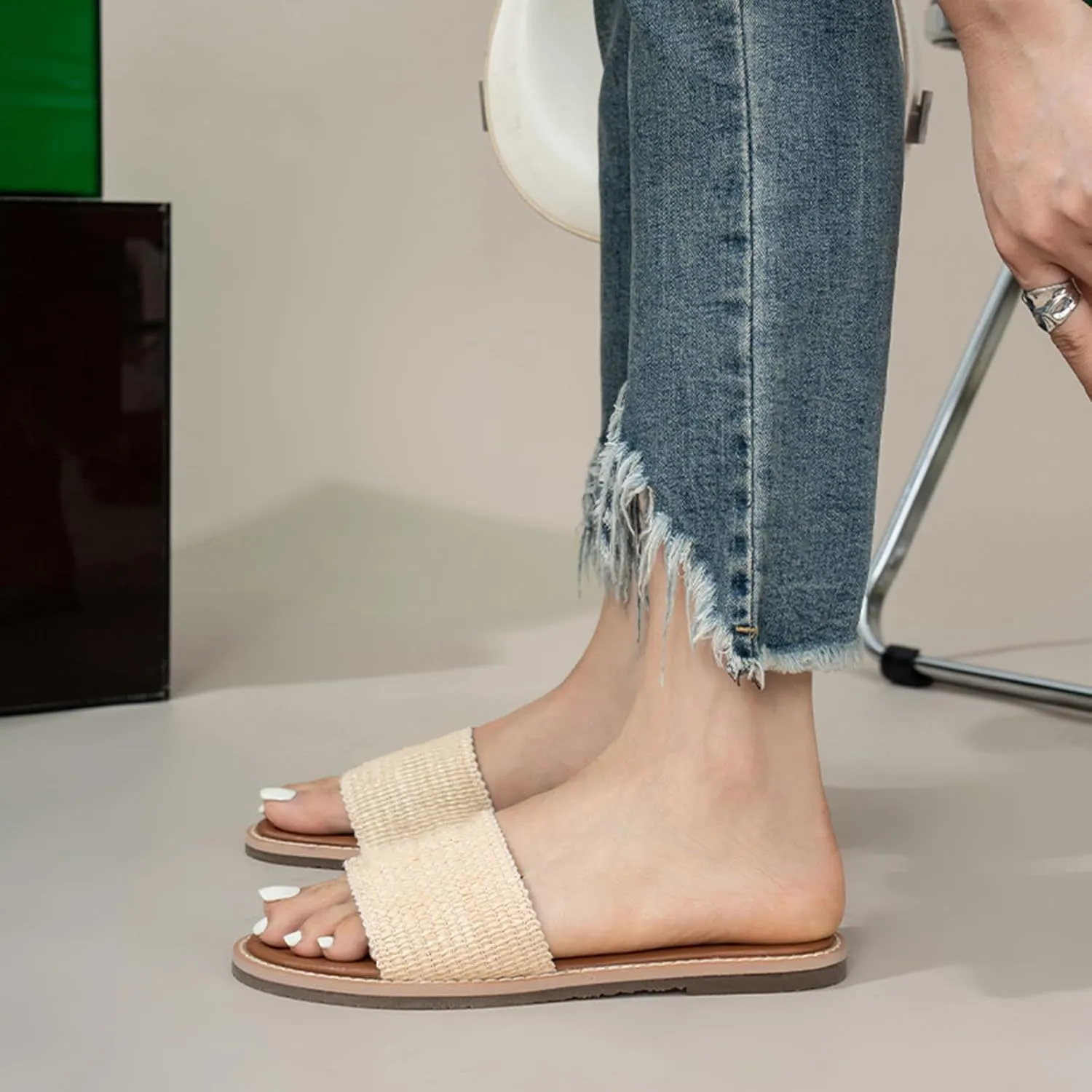 Womens Flat Sandals Summer Slip-On Leather Slide Sandals Raffia Women Slides Open Toe Beach Shoes