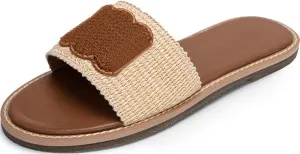Womens Flat Sandals Summer Slip-On Leather Slide Sandals Raffia Women Slides Open Toe Beach Shoes