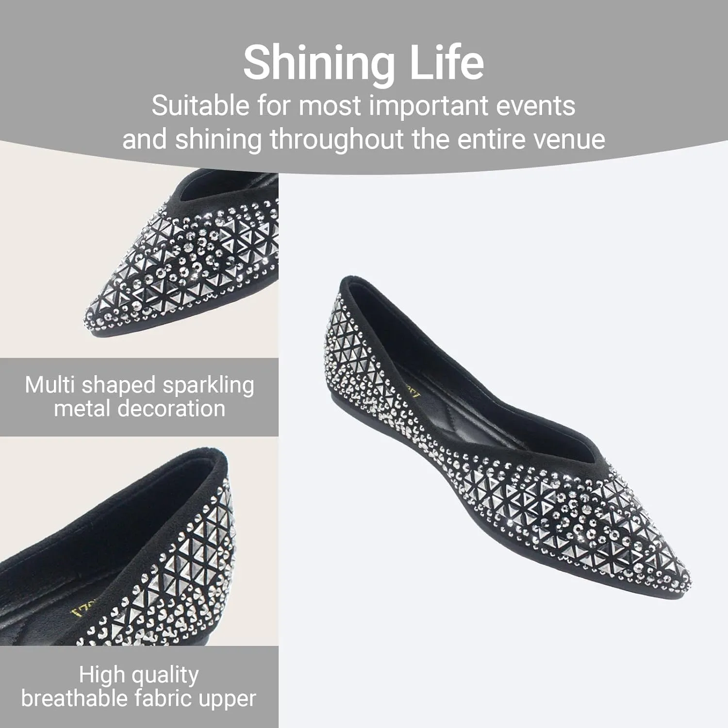 Women's Flats Comfortable Pointed Rhinestone Ballet Flats Soft Memory Foam Insole for Women Sparkle Elegant Dress Shoes