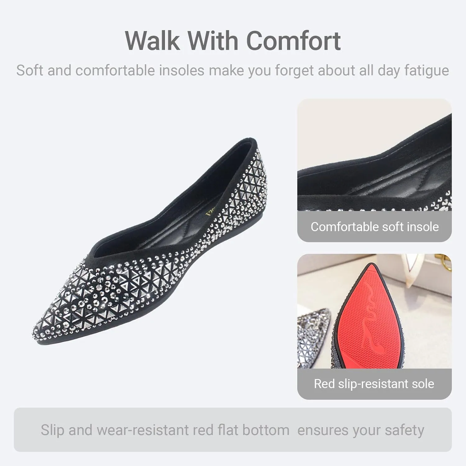 Women's Flats Comfortable Pointed Rhinestone Ballet Flats Soft Memory Foam Insole for Women Sparkle Elegant Dress Shoes