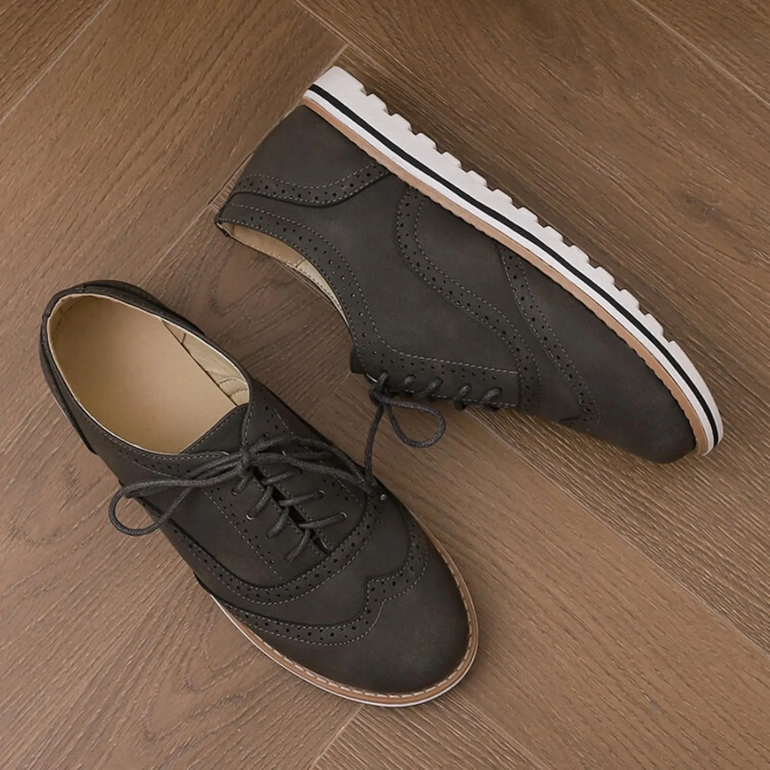 Women's Flats Lace-Up Oxfords Shoes Round Toe Low Platform Wingtip Brogues Classic Comfortable Derby Saddle Pumps