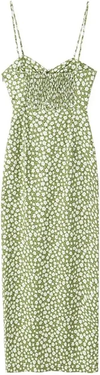 Women's Floral Printed Dresses Beach Seaside Style Sexy Spaghetti Straps Backless Split Dresses