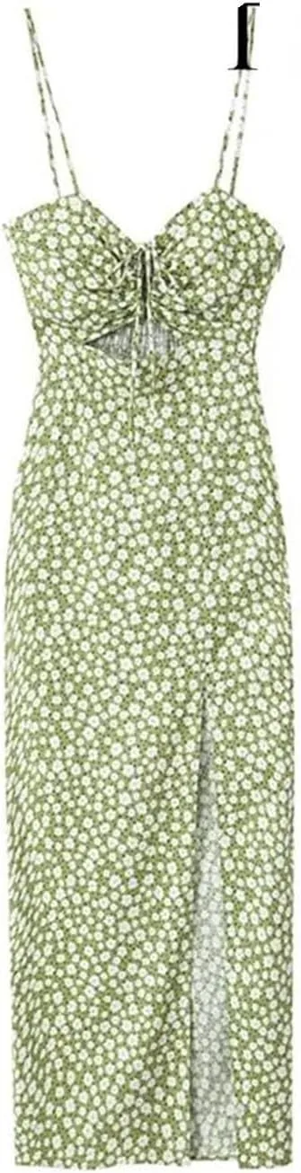 Women's Floral Printed Dresses Beach Seaside Style Sexy Spaghetti Straps Backless Split Dresses