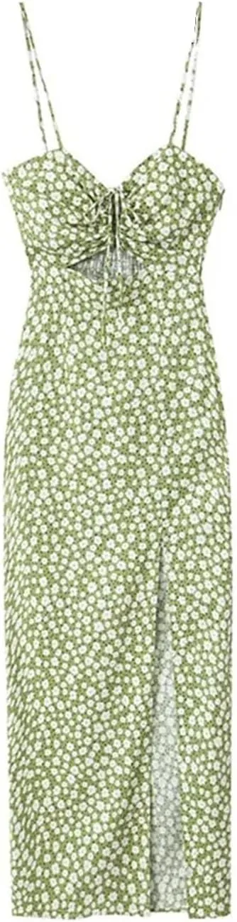 Women's Floral Printed Dresses Beach Seaside Style Sexy Spaghetti Straps Backless Split Dresses