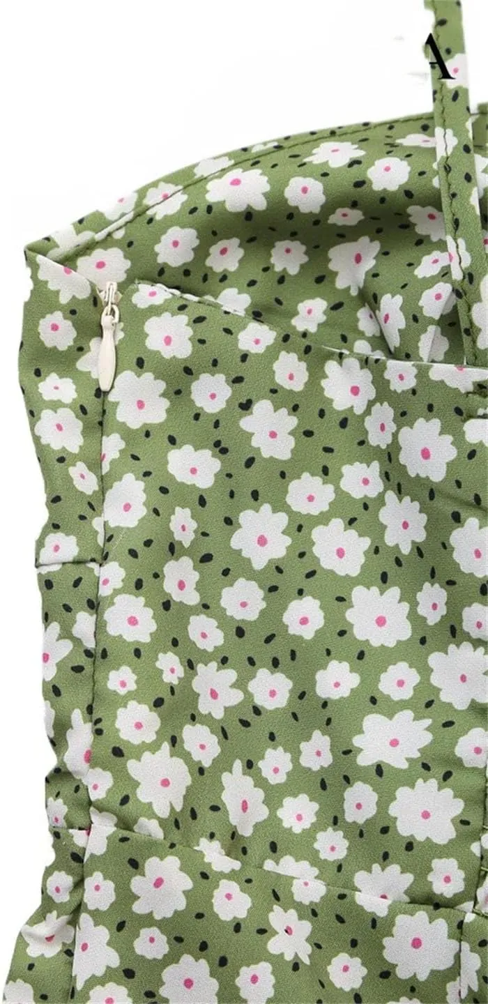 Women's Floral Printed Dresses Beach Seaside Style Sexy Spaghetti Straps Backless Split Dresses