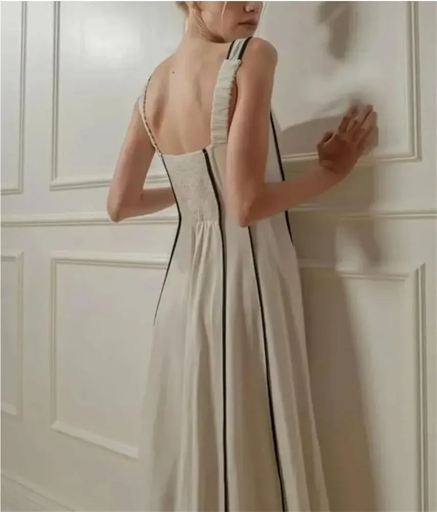 Women's French Vintage Summer Dress Striped Halter Backless Sleeveless Midi Casual Beach Party Dress